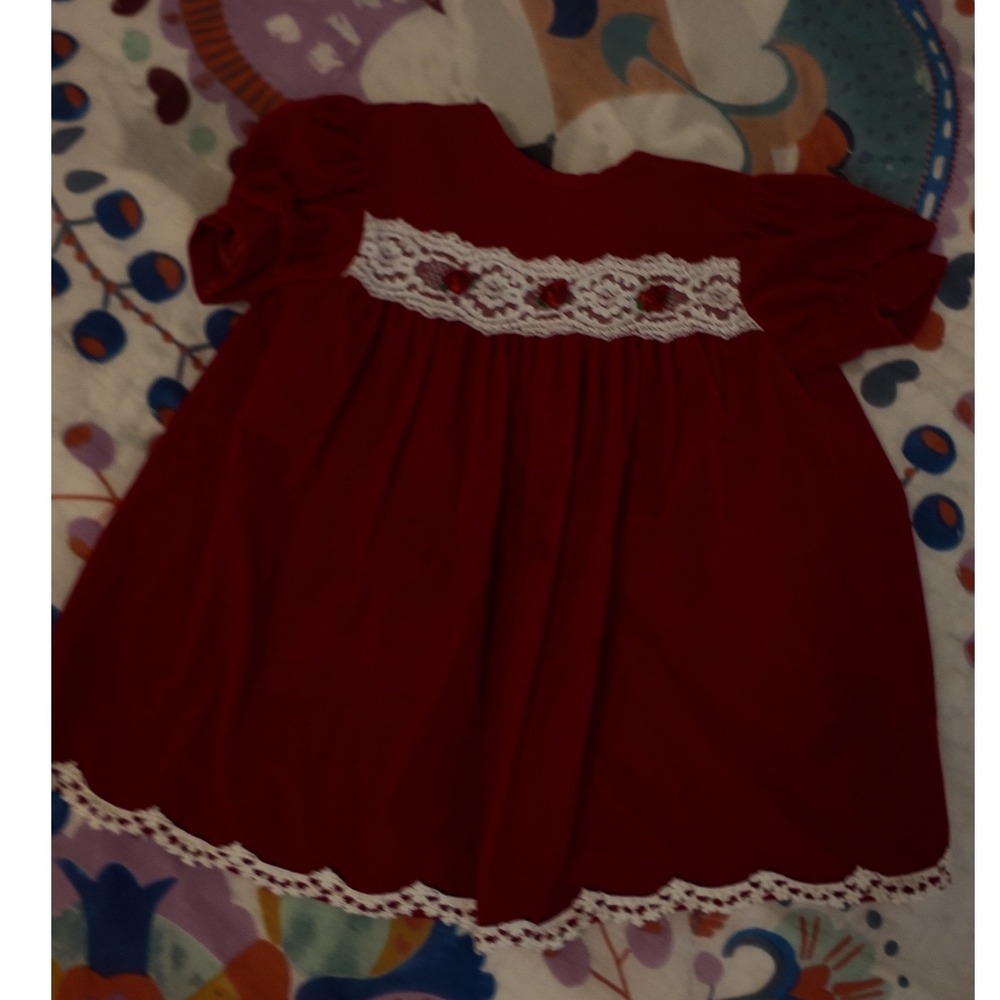 Vintage Hearts and Flowers Red Velvet Lace Rosebud Holiday Dress 3T h5
